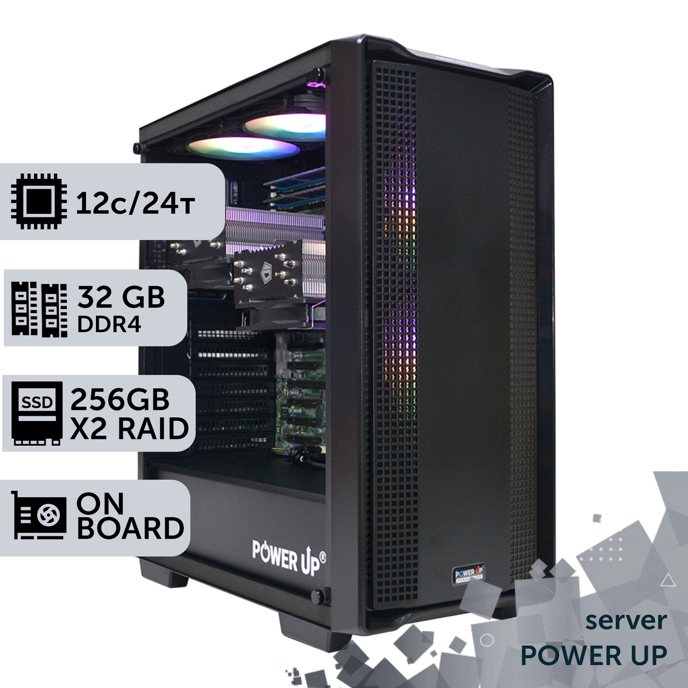 Сервер двопроцесорний TOWER PowerUp #52 Xeon E5 2643 v3 x2/32 GB/SSD 256GB х2 Raid/Int Video
